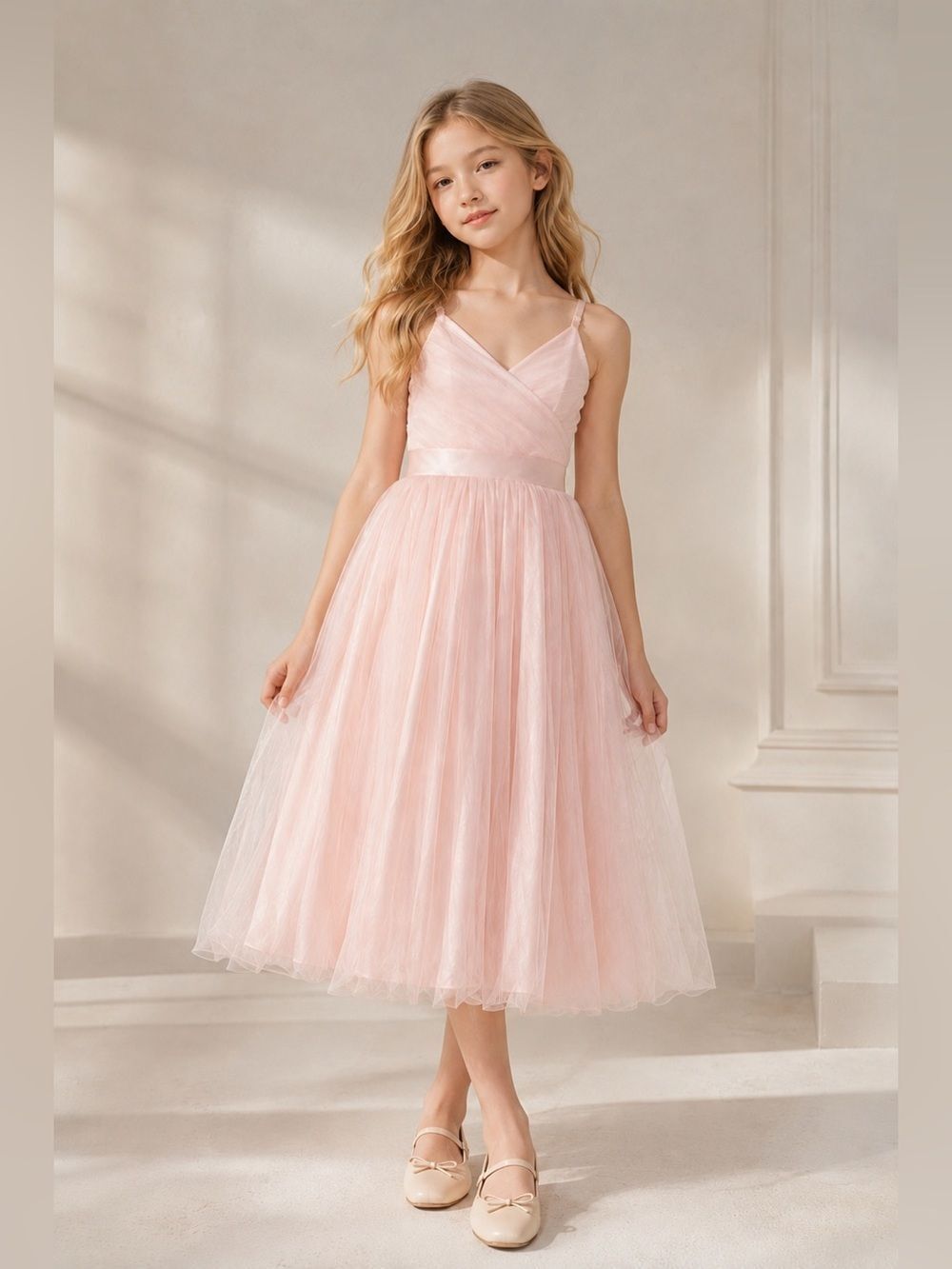 Girls Pink Tulle Dress Sleeveless V-Neck Satin Waist Party Wedding  Size 12*Note